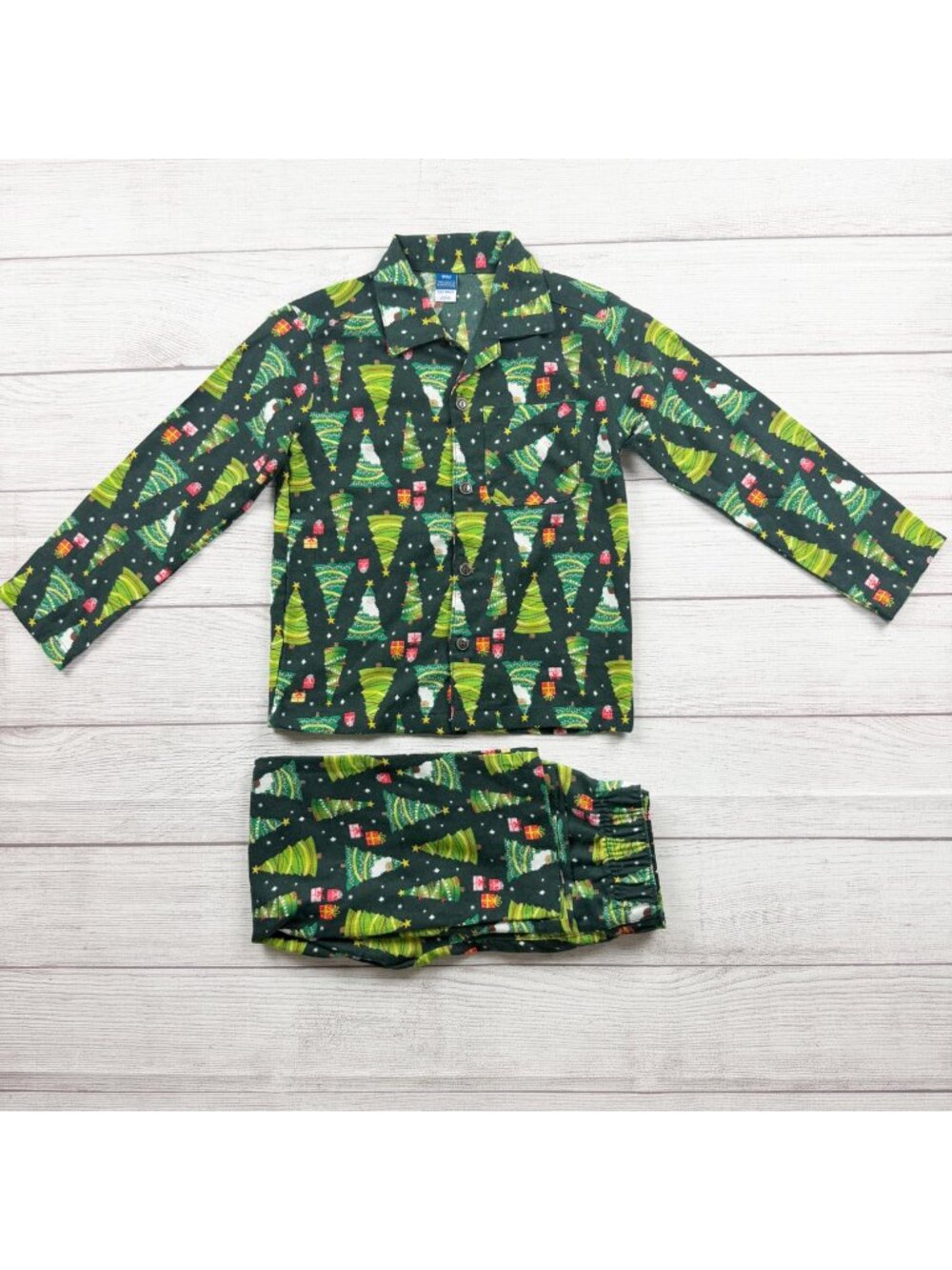 Old Navy Christmas Tree Pajama Set Buttoned Collared Green XS 5